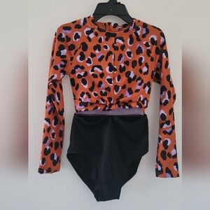Art Class Girls Animal Print 1ps Rushguard Swimsuit Orange Black L (10/12) NWT